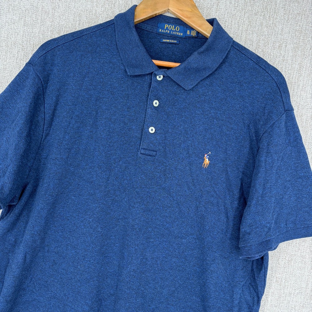 Polo Ralph Lauren Shirt Mens XL Blue Slim Fit Short Sleeve Cotton Flesh Pony